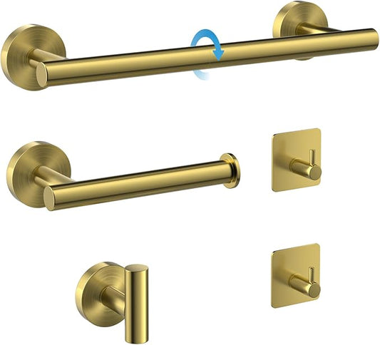 Brushed Gold 5 Piece SUS304 Stainless Steel Bathroom Accessories Set, 24 Inch Towel Bar Set, Round Bathroom Accessories Kit Wall Mounted, Minimalist Design for All Styles Bathrooms (Gold)