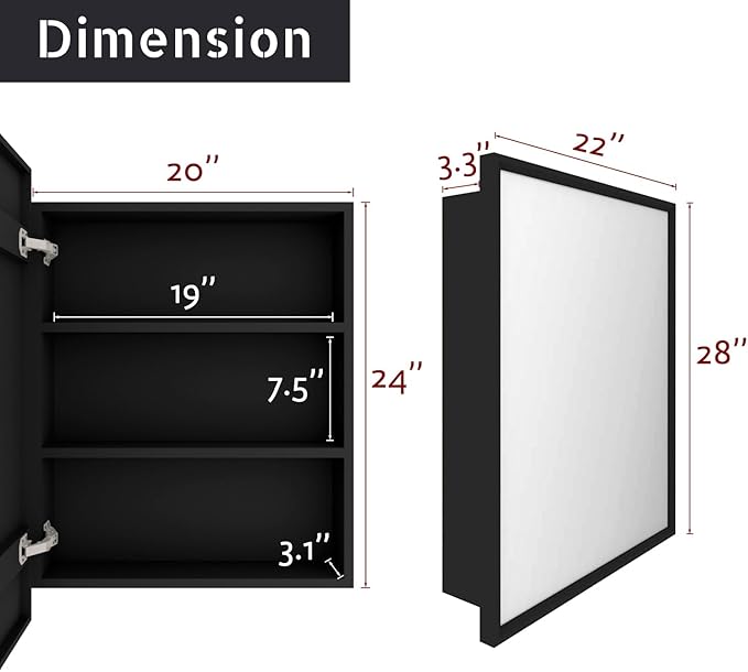 22”x28” Recessed Wood Medicine Cabinet with Mirror for Bathroom – Wall-Mounted Wooden Bathroom Cabinet with Adjustable Storage Shelf (Black, 22“x28)