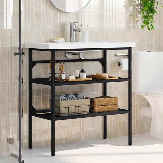 Black Powder-Coated Iron Bathroom Sink Frame with Two Shelves, Modern Bathroom Cabinet for Ample Storage and Easy Maintenance, 31.1 x 15.0 in Dimensions