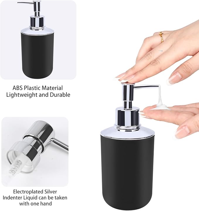 Matte Black Bathroom Accessories Set, 4-Piece Plastic Black Bathroom Organizer with Soap Dispenser, Toothbrush Holder, Rinse Cup & Soap Dish, Classic Black Bathroom Decor