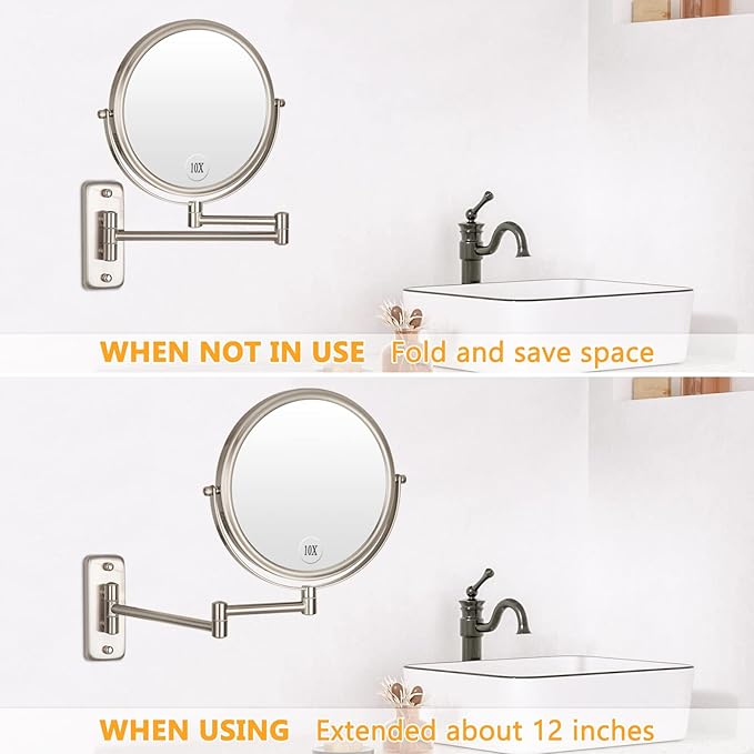 Wall Mounted Makeup Mirror - 1X/10X Magnifying Mirror Double Sided, 8 Inch Extendable Bathroom Mirror, Nickel Finish