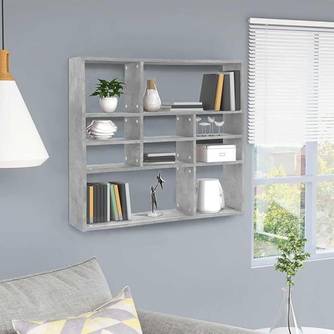 Modern Wall Mounted Shelf 10-Compartment Floating Shelving Unit Concrete Grey Engineered Wood Display Organizer for Living Room Bedroom Books Decor 35.4 x 6.3 x 30.7 Inches