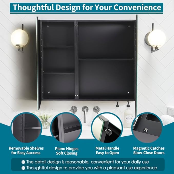 Movo 32 Inch x 28 Inch Mirrored Medicine Cabinet, Frameless Black Medicine Cabinet for Bathroom with Mirror,Surface Mount Bathroom Medicine Cabinet with Storage