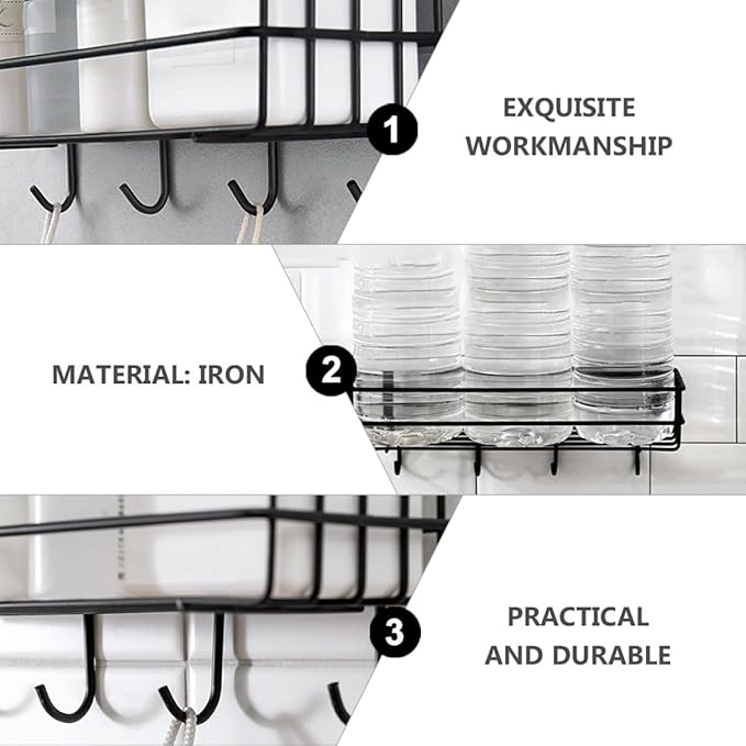 Gadpiparty Wall-Mounted Iron Storage Rack with Hooks Punch-Free 2pcs Organizer Storage Shelf for Bathroom and Kitchen Black Metal Sundries Holder