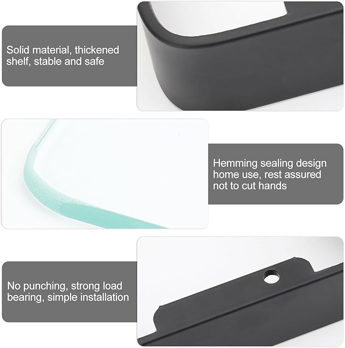 No-Drill Black Bathroom Glass Shelf Bracket Wall Mount Rack Organizer for Shampoo Cosmetics Storage Stylish Floating Corner Shelf for Toiletries Easy Installation Bathroom Wall