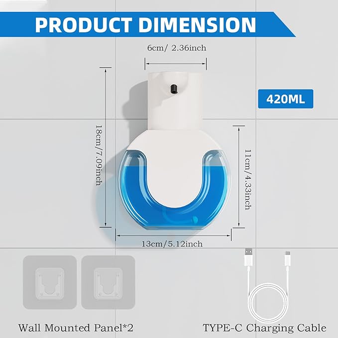 Automatic Soap Dispenser Touchless,Liquid Soap Dispenser USB Rechargeable,15oz/420ml Hand Soap Dispenser,4-Level Adjustable,Wall Mounted/Countertop Soap Dispenser for Bathroom Kitchen Dish Soap