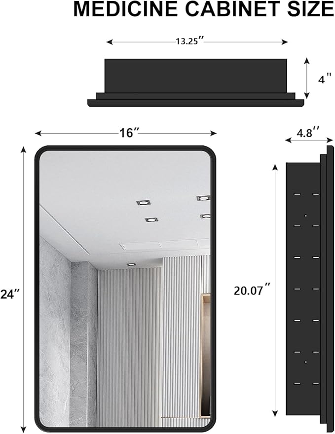 Black Bathroom Medicine Cabinet with Mirror 16 x 24 Metal Frame Recessed Or Wall Mounted Single Door Storage Medicine Cabinet with Adjustable Shelves Rounded Rectangle Beveled Mirror