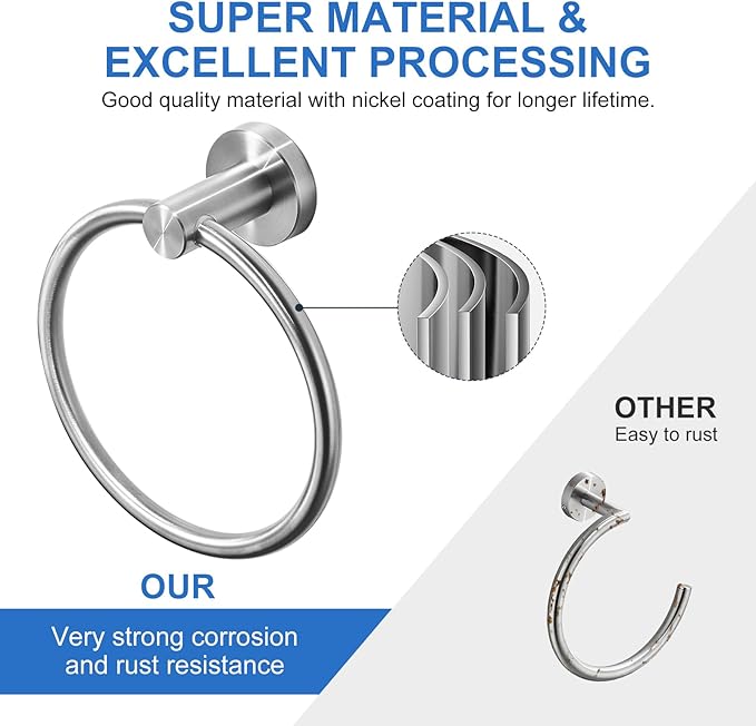 RUMOSE Brushed Nickel Bath Towel Ring Heavy Duty Round Hand Towel Holder Hanger for Bathroom & Kitchen, Stainless Steel Drill Free with Glue or Wall Mounted with Screws