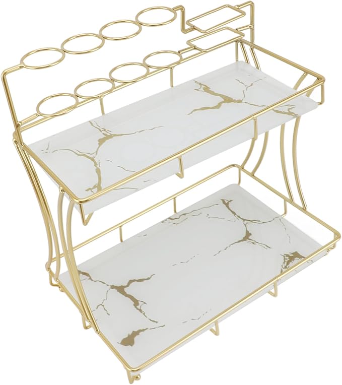 Double Layer Countertop Storage Rack, Bathroom Countertop Organizer with Electric Toothbrush Holder, Iron and Glass Counter Shelf for Toiletries and Cosmetics (White Background Gold Grain)
