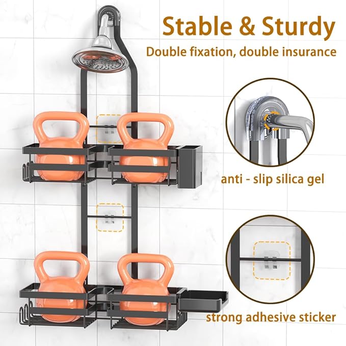 Over the Shower Head Caddy for Handheld Showerhead - Rustproof Hanging Shower Organizer, No Drill 2-Tier Bathroom Storage Shelf with Soap Holder, Matte Black