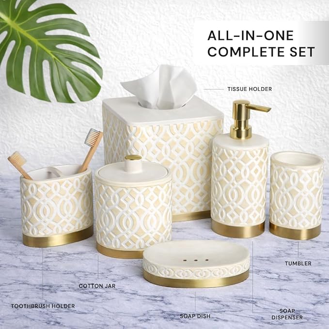 6-Piece Bathroom Accessories Set – Soap Dispenser, Toothbrush Holder, Tumbler, Soap Dish, Cotton Swab Jar & Toilet Brush – Modern Bathroom Decor Set (Solana)