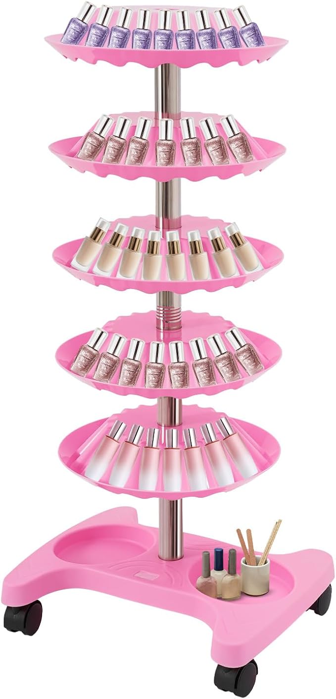 DYRABREST 5-Tier Nail Polish Trolley Organizer, 360° Rotating Nail Polish Display Stand with Wheels, Adjustable Shelves, White Modern Rolling Cart for Nail Salons and Home Use (pink)