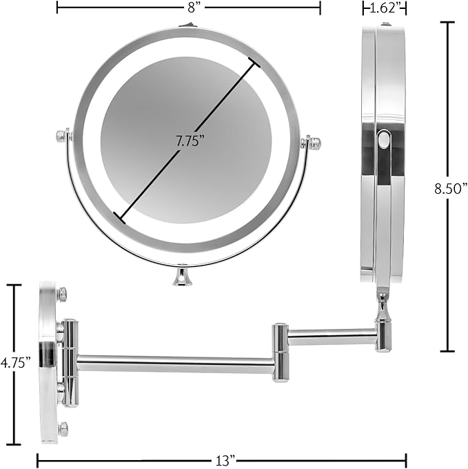 OVENTE Wall Mounted Lighted Makeup Mirror, 7" Double Sided 1X/7X Magnifying Vanity Mirror for Bathroom with LED Lights, Cordless, 360° Rotation and 13" Extendable Arm, Polished Chrome MFW70CH1X7X
