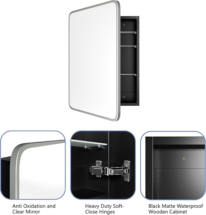 AGDULL Bathroom Wood Black Cabinet with 20''x30'' Brushed Nickel Metal Frame Curved Mirror, Recessed Medicine Cabinet, Bathroom Storage Cabinet