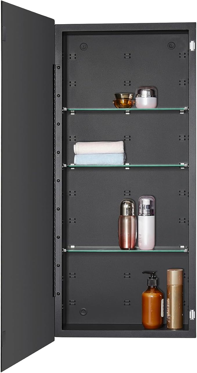 IDYLLOR Black Bathroom Medicine Cabinet with Beveled Edge Mirrored Door 16 x 36 inch, Recessed or Surface Mount, with Adjustable Glass Shelves