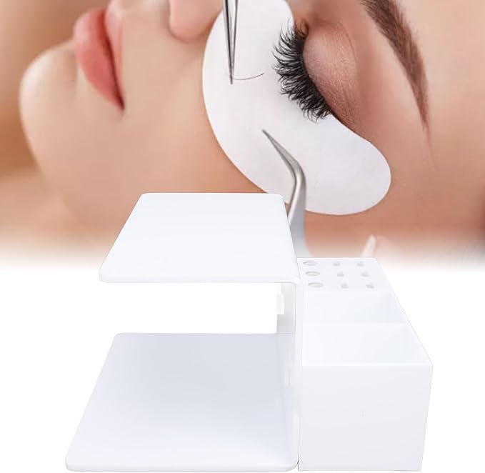 Asixxsix Eyelash Grafting Pillow Stand, Acrylic Eyelash Pillow Rack with Tape Dispenser Cutter, Warm Lash Extension Makeup Tool Display Cabinet Shelves, for Eyelash Salons (White)
