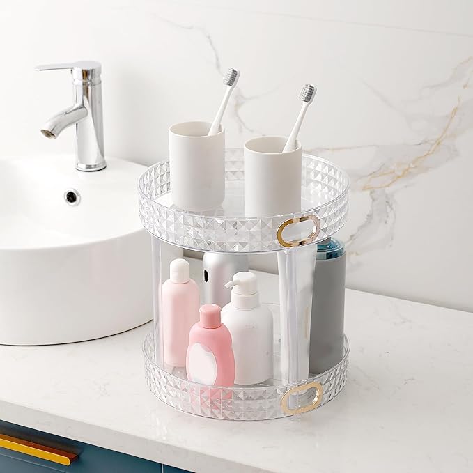 360?? Rotating Makeup Organizer, 2 Tier Large Perfume Organizers with Portable Handle for Vanity Bathroom Countertop, Bathroom Counter Organizer for Cosmetics Skincare Perfume