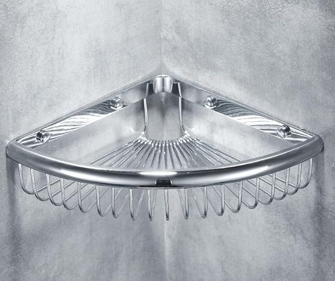 Bathroom Shelves, Wall-Mounted Corner Shelves, Double-Walled Triangular Storage Shelves, Silver-Single-Layer Shelves