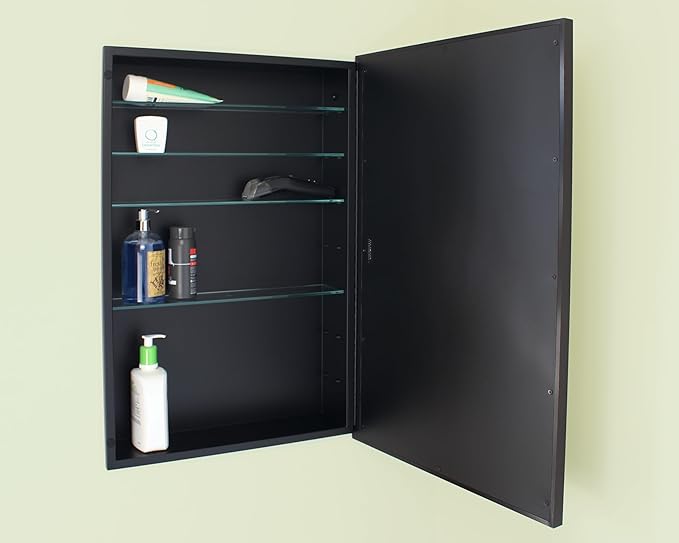 Fox Hollow Furnishings 20x30 Parker Metro Metal Framed Rectangle Recessed Bathroom Medicine Cabinet, Floating Mirror, 18x28 in-Wall Opening, Steel, Adjustable Glass Shelves, Magnet Close, Black