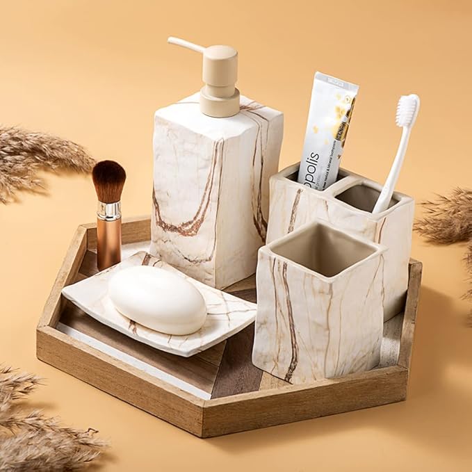 RQYIXI Bathroom Accessories Set 4 Pieces Toothbrush Holder Soap Dispenser Ceramic Bathroom Decor Set Contain Toothbrush Cup Soap Dish Tumbler Marble Brown