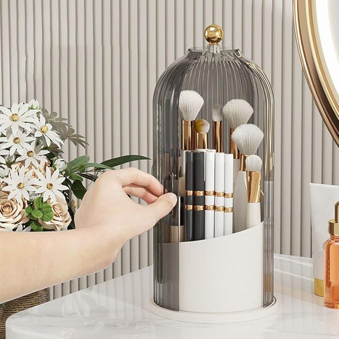 Makeup Brush Holder Organizer with Lid-360° Rotating Luxury Cosmetic Organizer Makeup Organizer Lipstick Eyebrow Pencil Holder for Vanity Desktop Bathroom Countertop