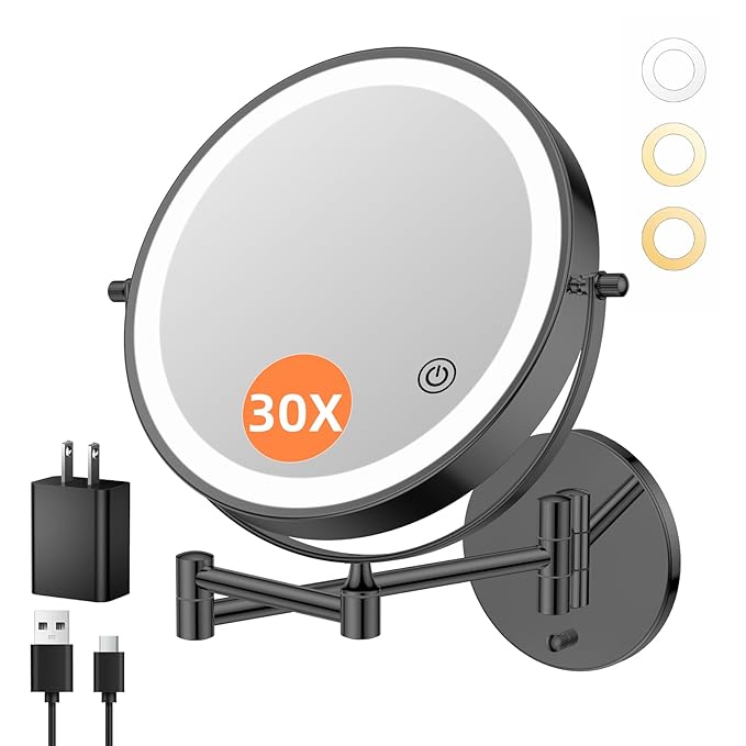 FUNTOUCH 5000mAh Rechargeable Wall Mounted Makeup Mirror with Lights, 8.7" Double Sided 1X/30X Magnifying Mirror with Dimmable 3 Color Light, Extended Swing Arm 360° Wall Mount Bathroom Mirror, Black