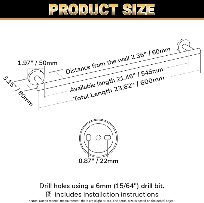 Miyili Matte Black 24" Towel Bar SUS 304 Stainless Steel Towel Holder for Bathroom or Kitchen Wall Mount
