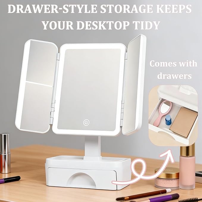 Tri Fold Lighted Makeup Mirror with Storage & 3X Magnification, Small Vanity Mirror, 3-Color Dimmable LED Vanity Mirror, Touch Control Vanity Mirrors, Travel Makeup Mirror for Women (White)