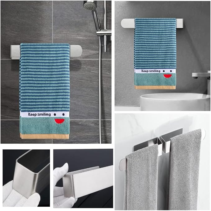 szhdxsy 2pcs Towel Holder SUS 304 Stainless Steel Brushed Hand Towel Rod, Self Adhesive Towel Holder Towel Rod Towel Rack for Bathroom- Silver