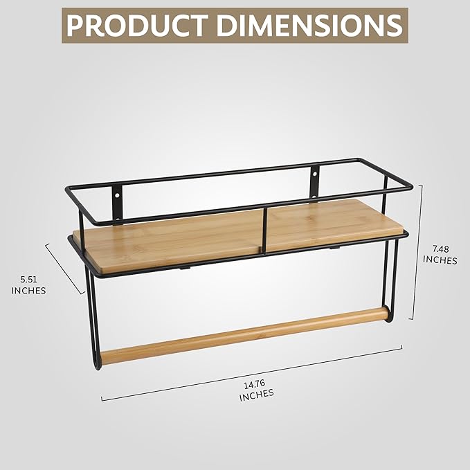 Hand Towel Holder with Wooden Shelf – Wall-Mounted Bathroom Shelf with Towel Bar - Perfect for Shower, Kitchen and Toilet - Matte Black