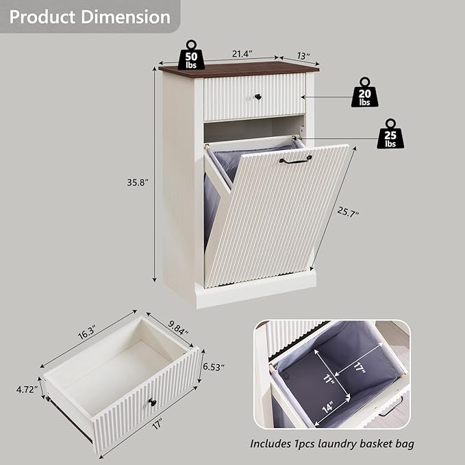 IFBUY Modern Tilt-Out Laundry Hamper Cabinet, 10 Gallon Fluted Trash Can Cabinet with Drawer, Wooden Hidden Garbage Can Cabinets with Laundry Basket, Free Standing for Bathroom and Kitchen, White