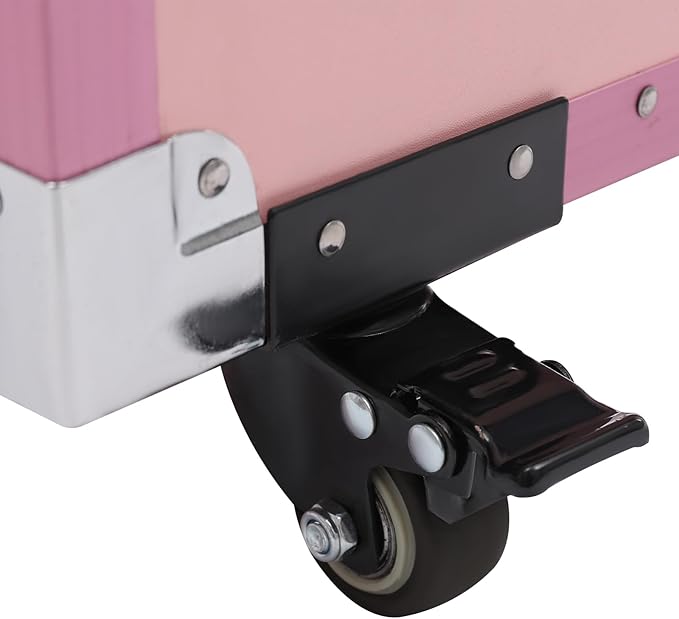 Upgraded Rolling Makeup Case, Foldable Nail Tables Travel Cosmetic Trolley Storage Organizer with 4 Drawers Mirror Pink Nail Table Large Storage Makeup Organizer