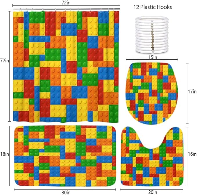 LOKMU 4 Pcs Shower Curtain Sets with Non-Slip Rugs,Toilet Lid Cover and Bath Mat,Colorful Blocks Waterproof Shower Curtain with 12 Hooks, Bathroom Decor Sets, 72"x 72"
