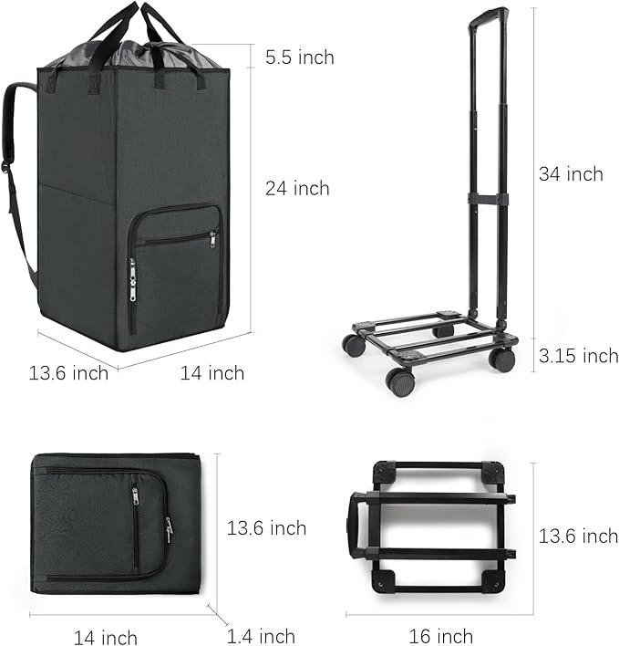 Bukere Extra Large 3 in 1 Rolling Laundry Backpack Bag with Wheels, 90L Freestanding Laundry Basket, Collapsible Laundry Hamper with Removable Wheeled Cart for College Dorm Apartment Laundry Room