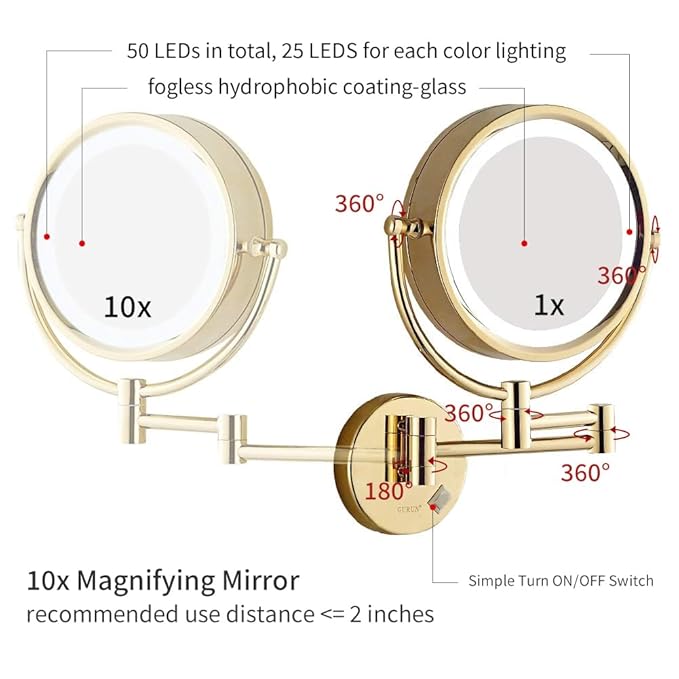 GURUN 8.5 Inch Magnifying Makeup Mirror with 3 Tones LED Lights Double Sided Vanity Mirror for Bathroom with 10X Magnification M1809DJ (Gold 10X)