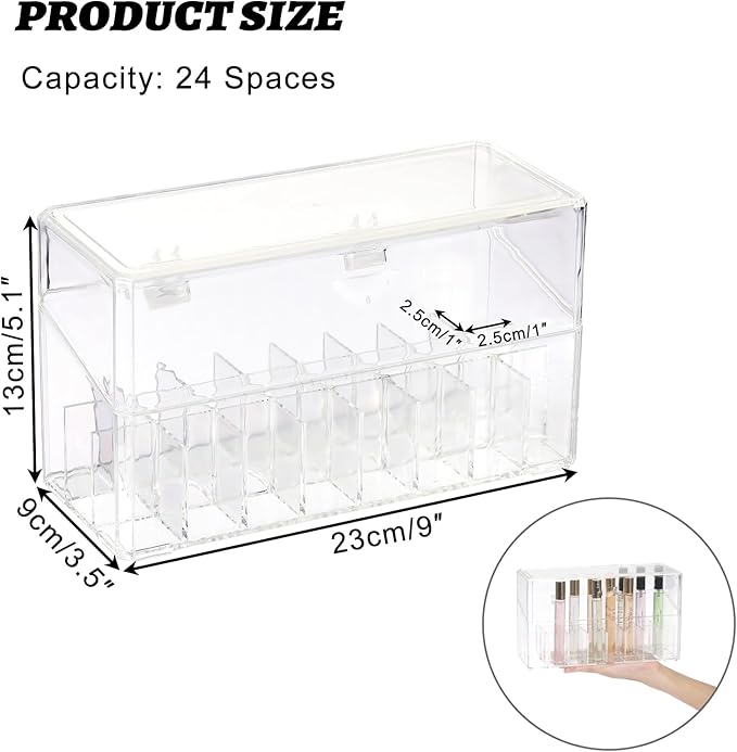 ELLDOO Rollerball Perfume Organizer, 24 Spaces Clear Acrylic Perfume Storage Holder Beauty Scent Holder, Makeup Lipgloss Lipstick Display Case with Lid