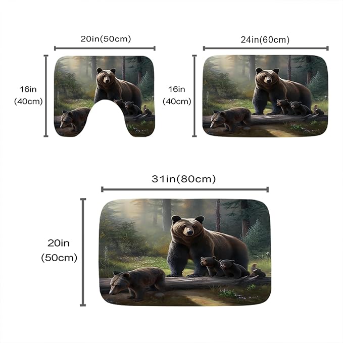Cute Bear Forest Aesthetic Bathroom Rugs and Mats Sets 3 Piece, Memory Foam Bath Mat, U-Shaped Contour Shower Mat Non Slip Absorbent, Velvet Washable 20 x 31 inch Black and Green