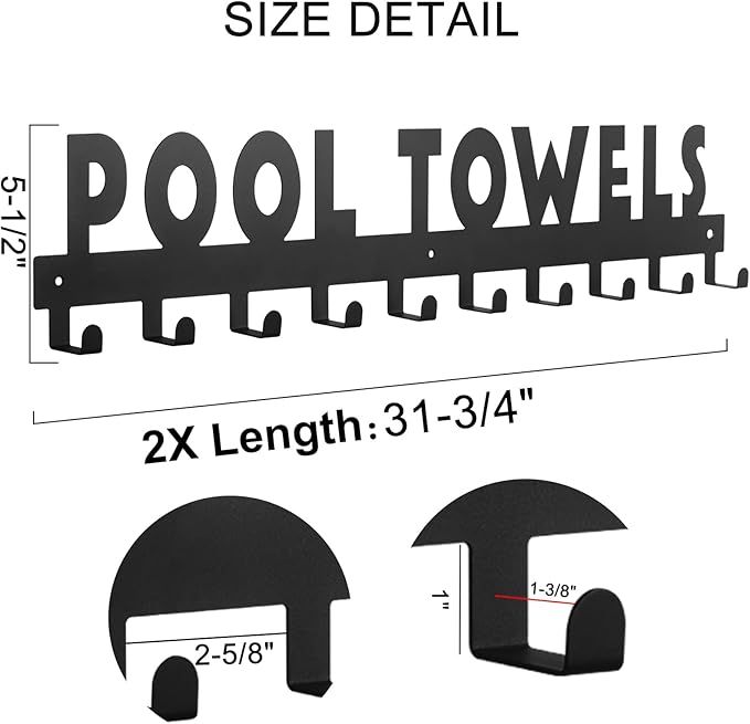IBosins Large Pool Towel Rack with 10 Hooks, Towel Holder Wall Mounted for Outdoor, Towel Hanger for Hanging Bathrobes, Towels, Clothes - Perfect Pool Area Outside Sign and Decor (Black)