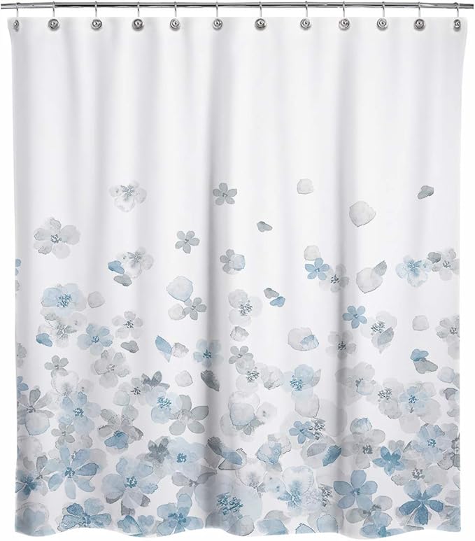 Sunlit Design Extra Long Simple Style Blue and Gray Flower Blossoms Fabric Shower Curtains for Bathroom Decor with White Background