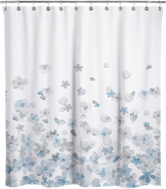 Sunlit Design Extra Long Simple Style Blue and Gray Flower Blossoms Fabric Shower Curtains for Bathroom Decor with White Background