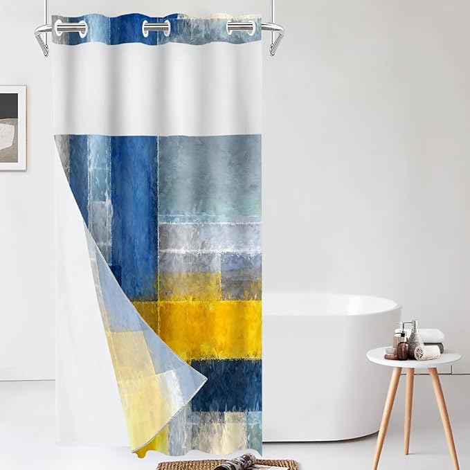 Shrahala Brown Abstract Art No Hooks Shower Curtain with Snap in Liner Set, Grey Contemporary Colorful Bathroom Décor Polyester Fiber Waterproof for Stall Bathtubs 35.5 X 74 in