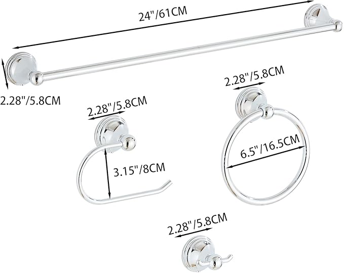 4-Piece Towel Bar Set, 24 Inch Towel Racks for Bathroom Wall Mounted in Chrome, SUS304 Stainless Steel Complete Bathroom Hardware