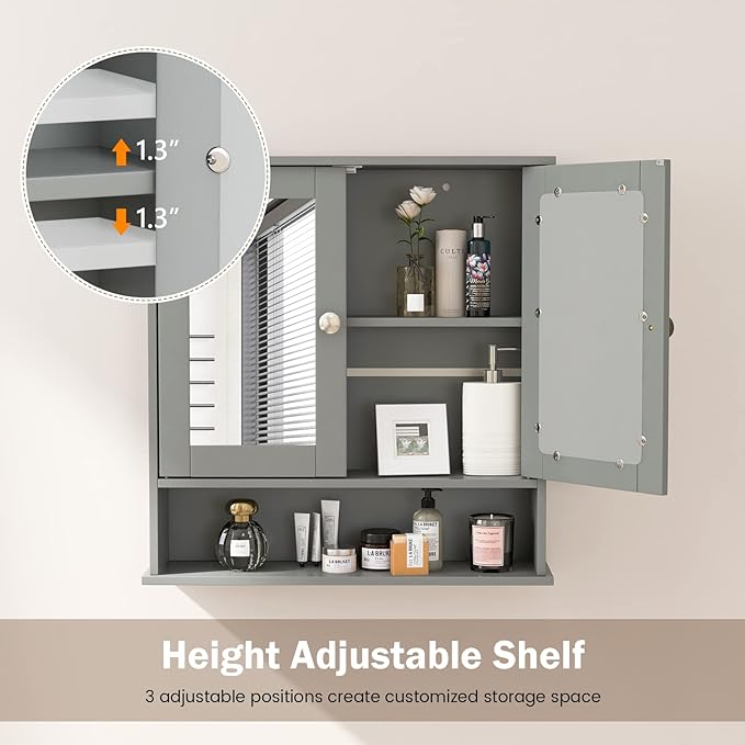 COSTWAY Bathroom Cabinet Wall Mount, Wooden Medicine Cabinet with 2 Mirror Doors, Adjustable Shelf, Open Compartment, for Laundry, Living Room, Kitchen, Gray