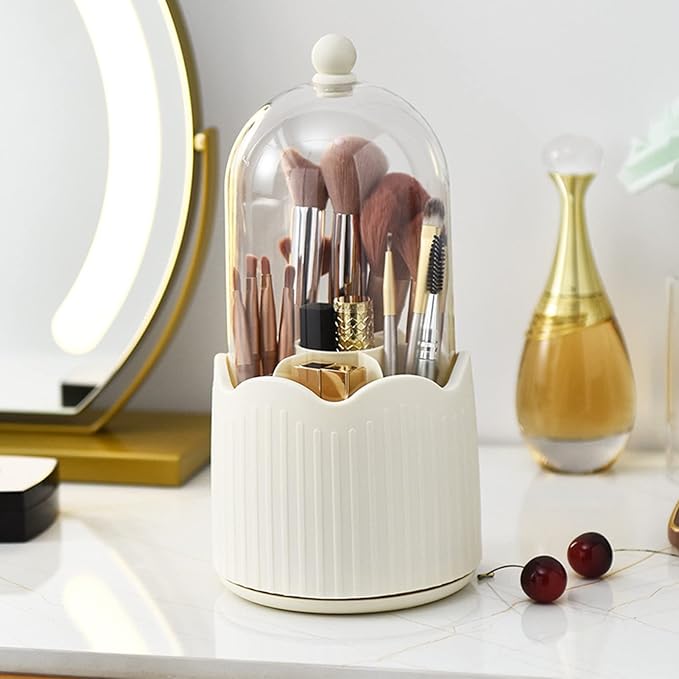 PerGar Makeup Brush Holder Organizer with Compartments, Transparent Dustproof 360 Degrees Rotatable Brush Storage Box with Lid, Cute Countertop Cosmetics Storage Cup for Vanity(Cream Yellow)
