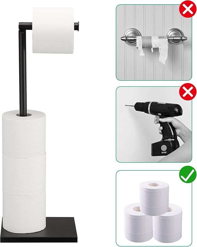 Free Standing Bathroom Toilet Paper Holder Stand with Reserve, Stainless Steel Pedestal Tissue Roll Holder, Black DECLUTTR