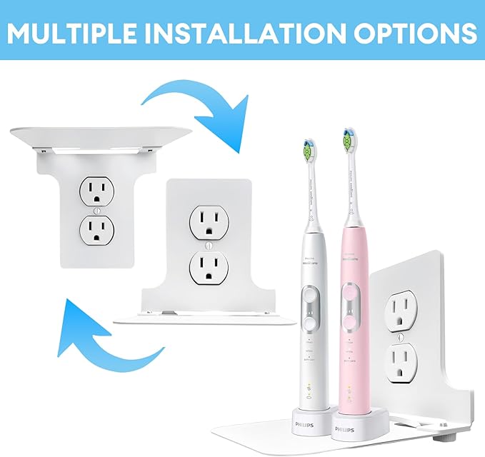 Metal Outlet Shelf Wall Holder for Duplex (Round) Outlets - Bathroom & Kitchen Organizer with Cord Storage, Quick Install for Smart Home Toothbrush Holder Holds Smart Speaker Cell Phone 2Pack