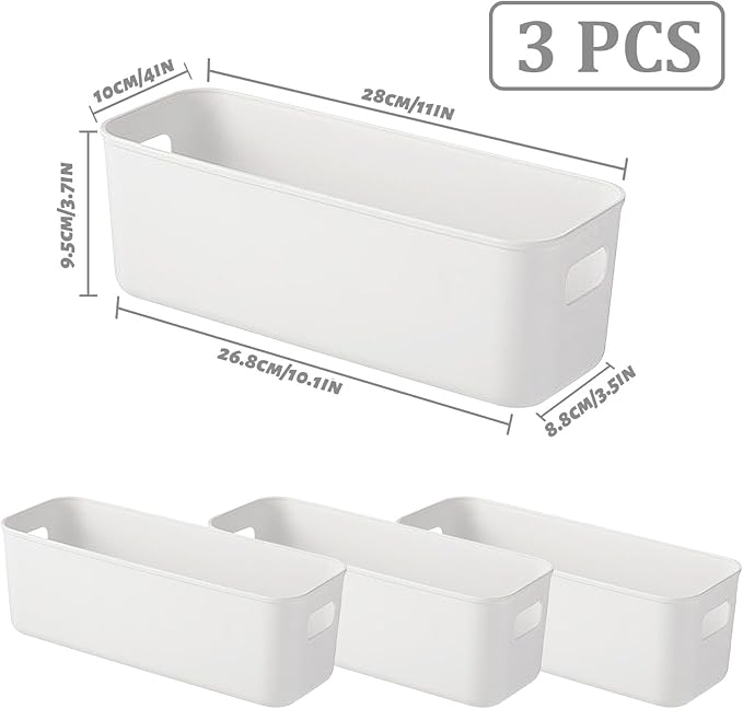 3 Pack White Storage Bin, 10" Long Bathroom Organizing Bins, Plastic Organizer Bins with Handles for Vanity, Pantry, Shelves