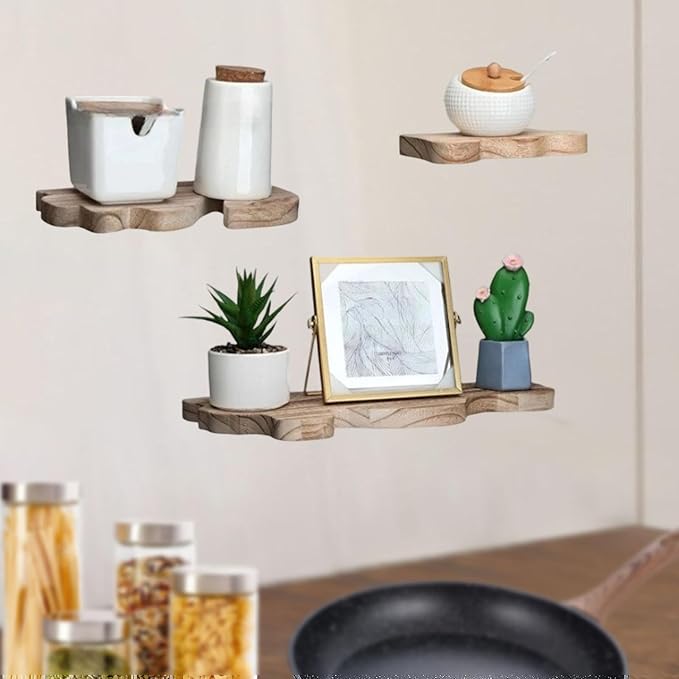 3 Pieces Bathroom Shelves Wall Display Shelves Wood Modern Multipurpose Rustic Cloud Shaped Organizer Stand for Dorm, Light Brown