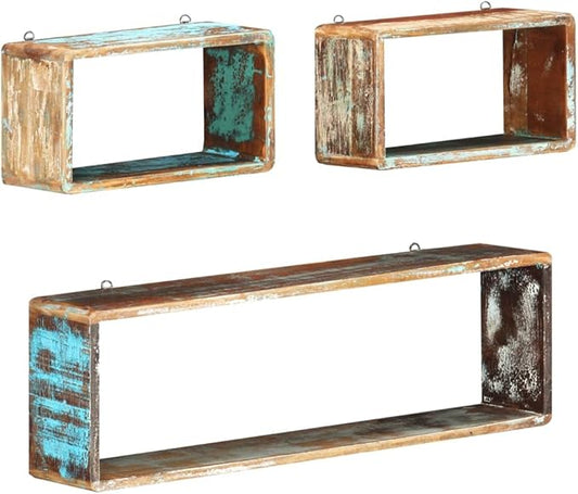 Set of 3 Wall Cube Shelves, Rustic Reclaimed Wood Floating Shelves for Wall Decor, Decorative Storage Display Boxes for Living Room, Bedroom, and Office, Brown