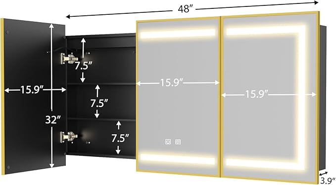 ROOMTEC Lighted Medicine Cabinet with Mirror, Bathroom Mirror Cabinet with Lights and Storage, 3 Doors Bathroom Wall Cabinet with LED Lights,Gold, 48"x32"